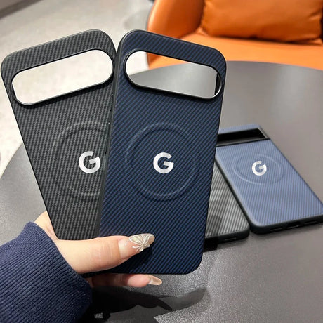 Magnetic phone cases with a carbon fiber texture for Google Pixel phones.