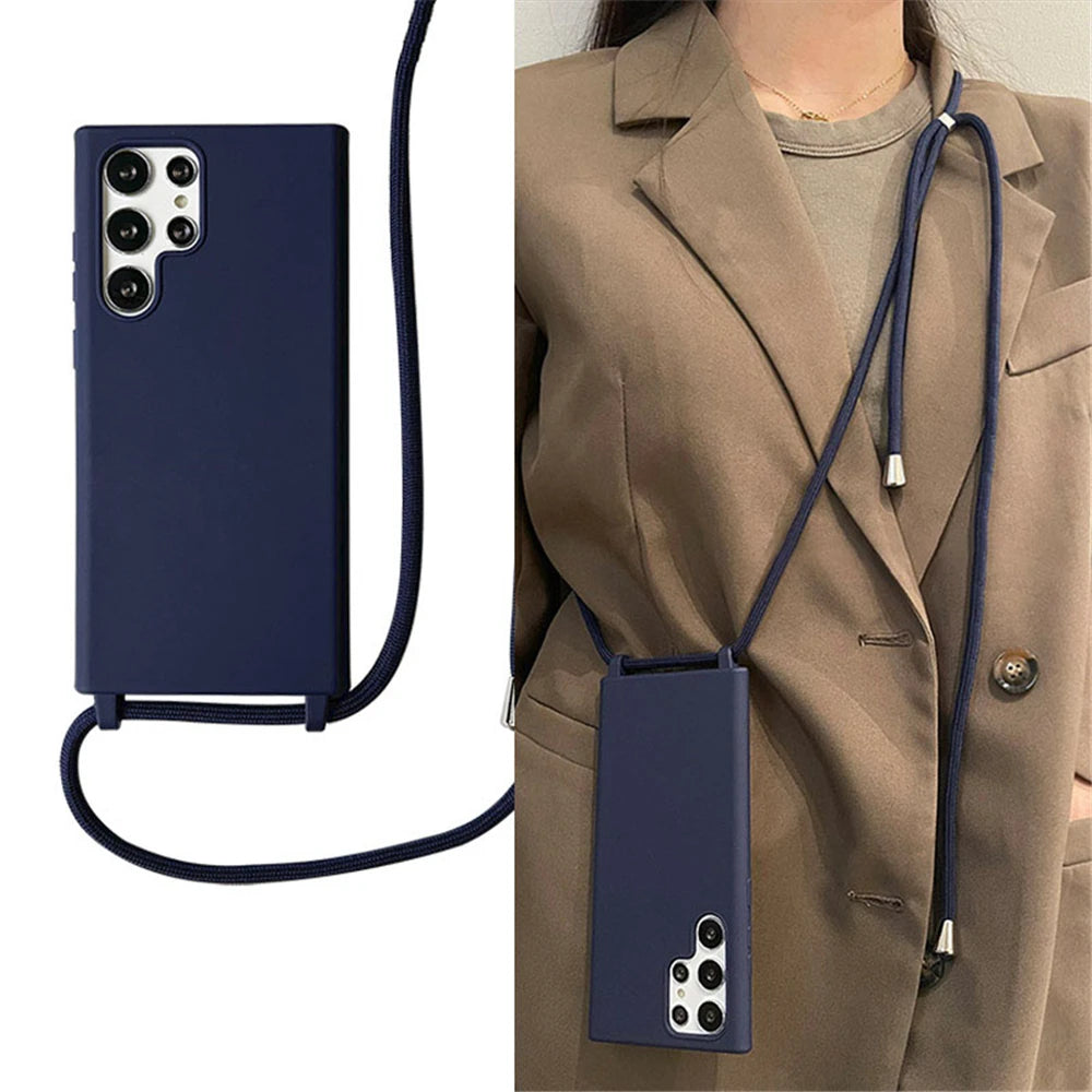 Navy blue silicone phone case with an attached lanyard.