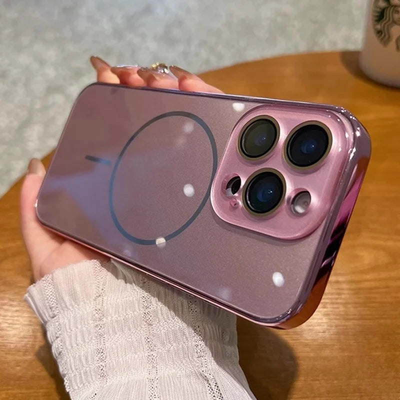 A shiny, translucent purple phone case with a circular MagSafe ring and four camera cutouts.