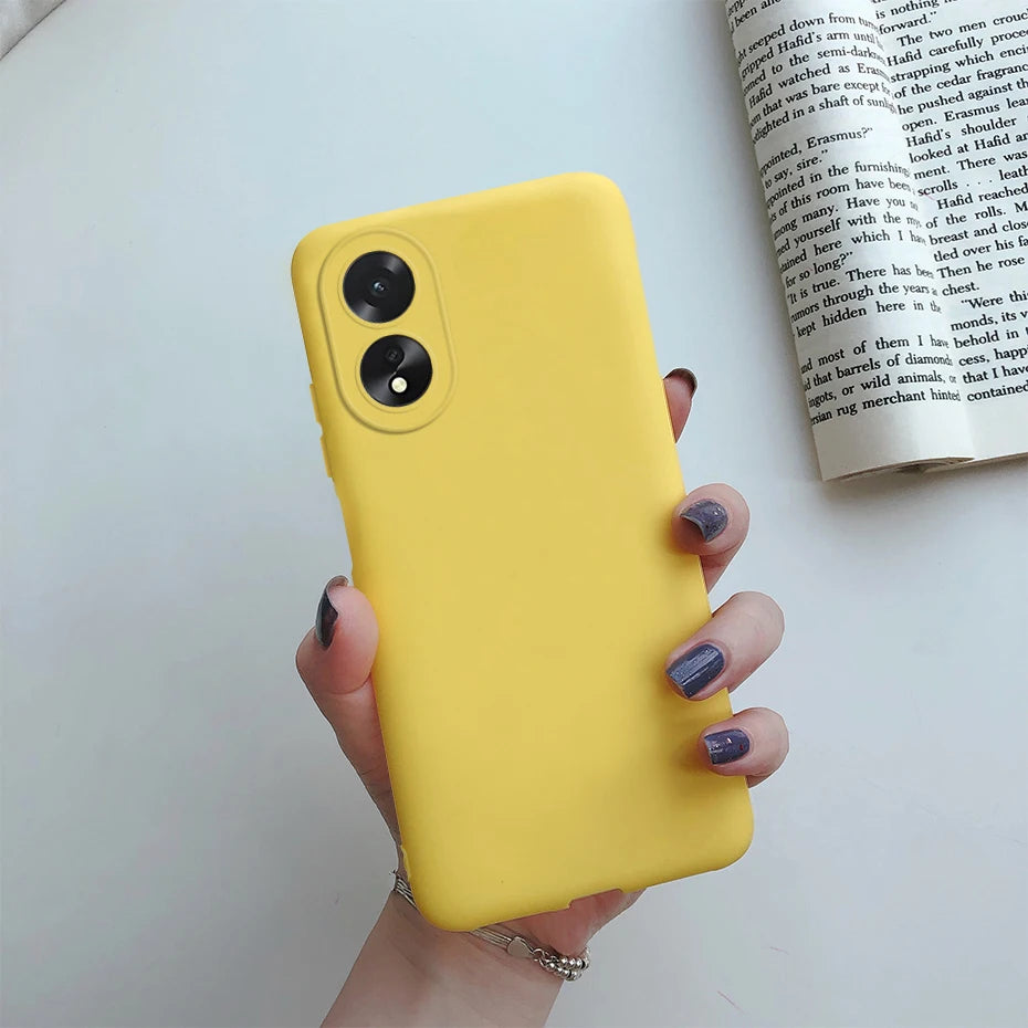 A hand holding a bright yellow smartphone with a dual-camera system.