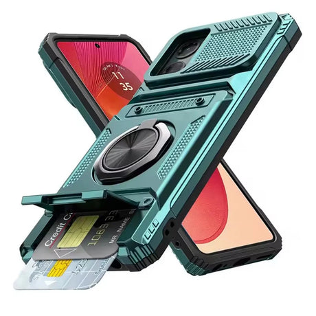 Turquoise smartphone case with a kickstand ring and credit card slot.