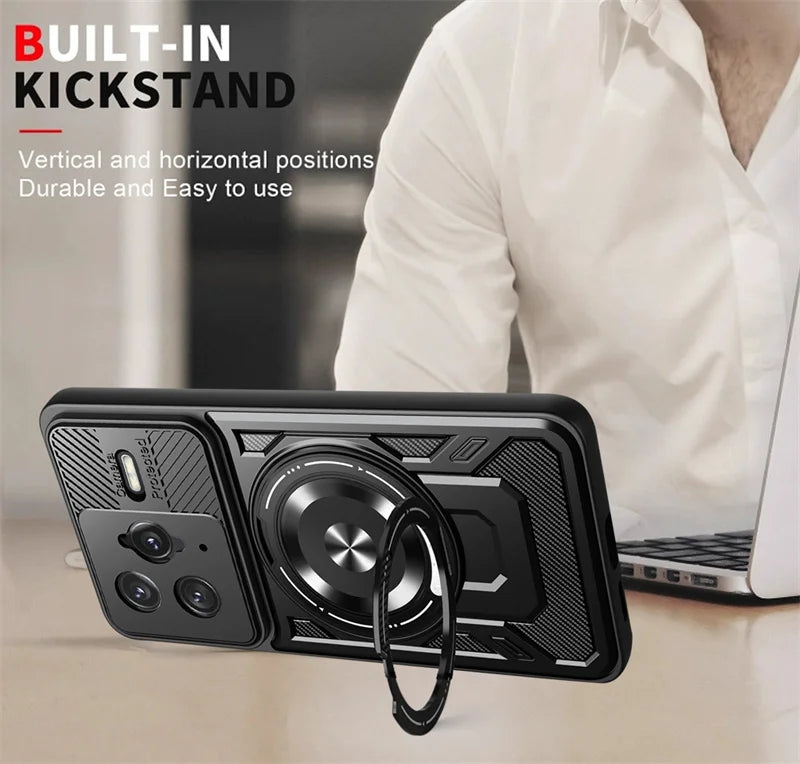 A black phone case with a built-in kickstand and camera protection.
