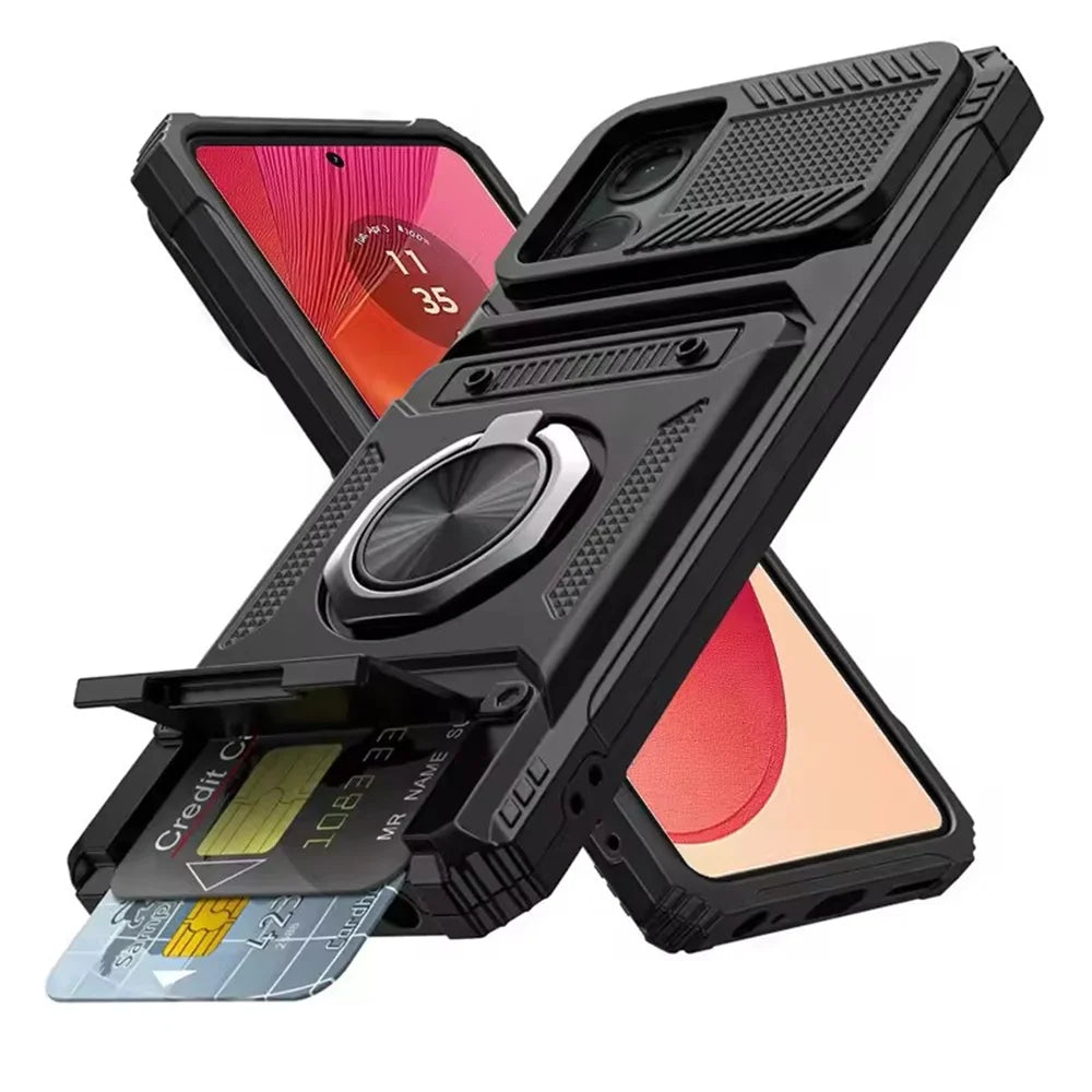 Black rugged phone case with a kickstand, ring holder, and hidden card slot.