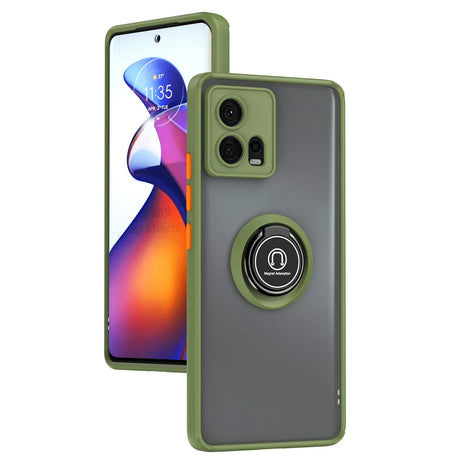 Olive green phone case with a transparent back and an integrated magnetic ring holder.