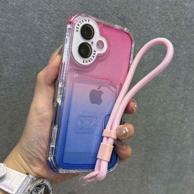 Pink and blue gradient transparent phone case with a pink wrist strap.