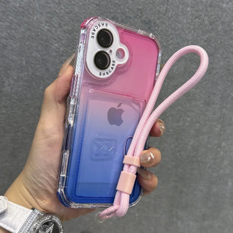 Pink and blue gradient transparent phone case with a pink wrist strap.