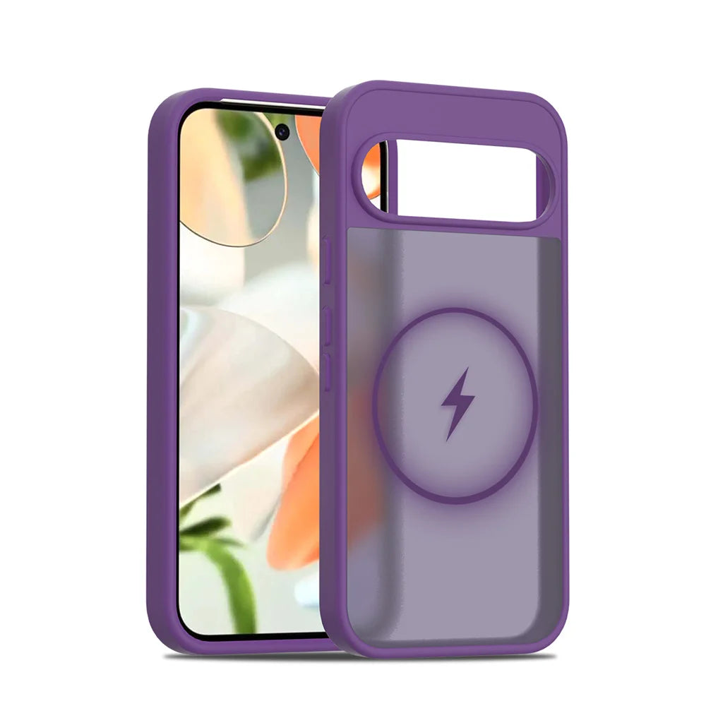 A purple phone case with a clear back and an integrated magnetic ring for wireless charging.