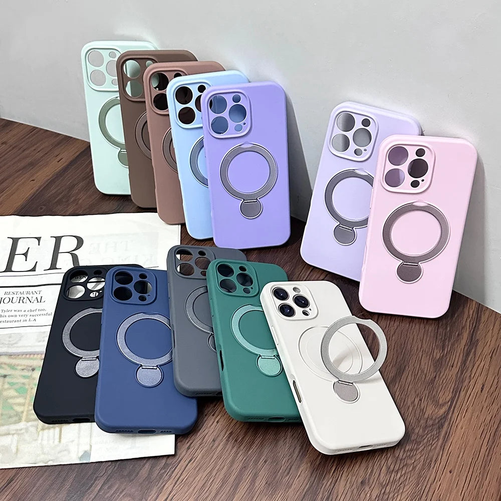 A collection of colorful phone cases with integrated magnetic ring stands.