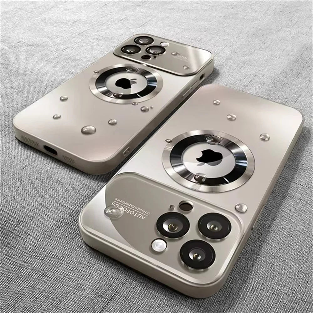 Two metallic silver iPhone cases with camera lens cutouts and a circular Apple logo design.