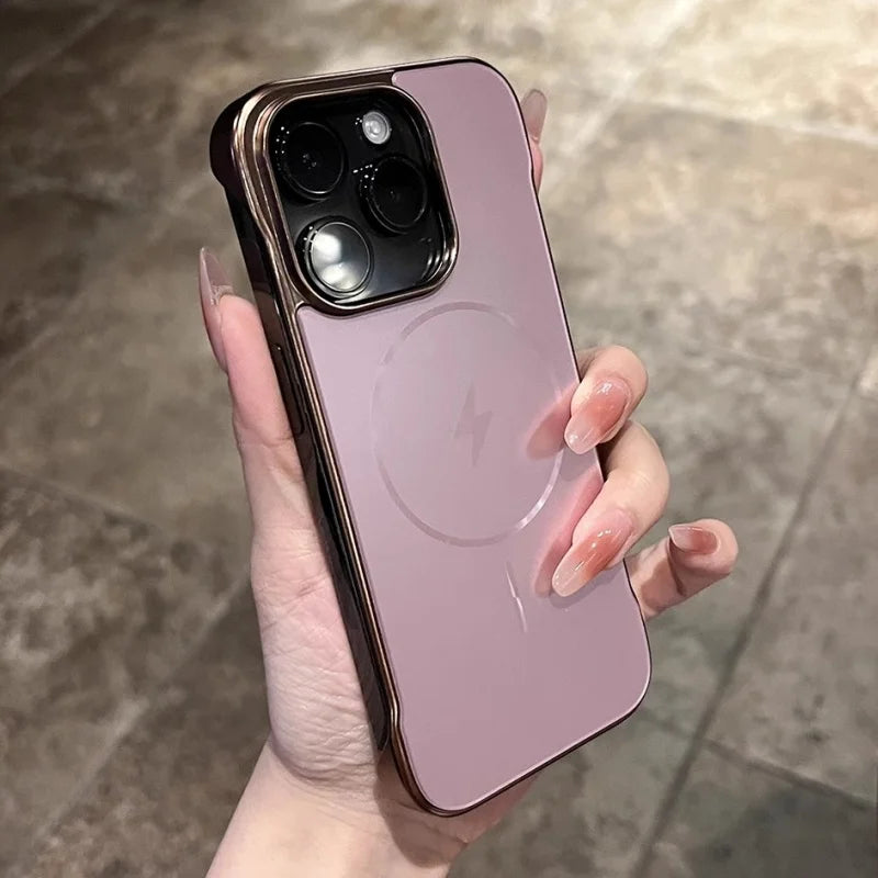 Pink iPhone with a protective case featuring a camera cutout and a lightning bolt symbol.