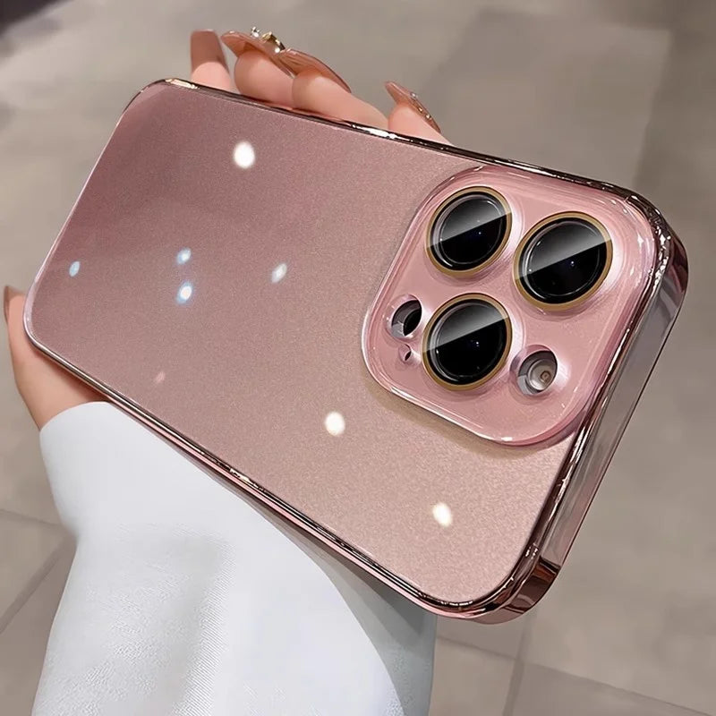 Rose gold iPhone with a clear, reflective back case and a prominent camera array.