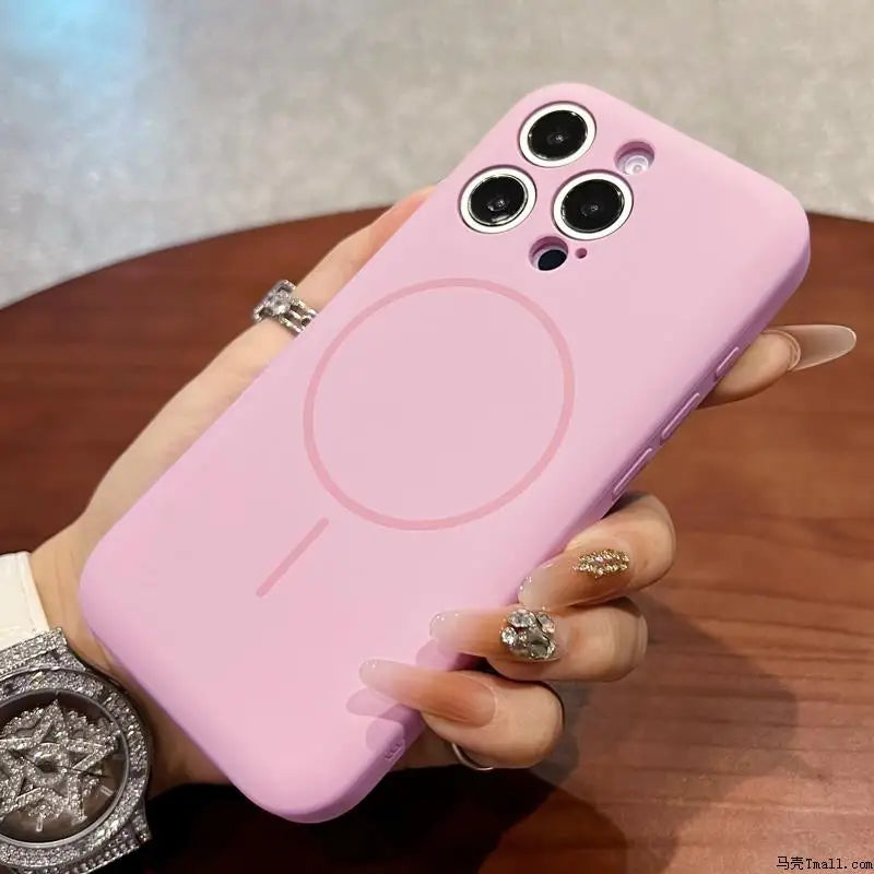 Pink silicone phone case with a MagSafe ring.