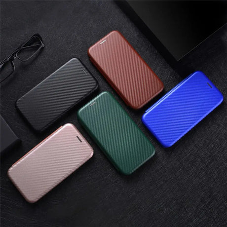 A collection of five colorful smartphone flip cases with a textured finish.