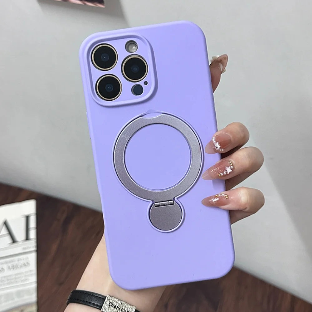 Lavender phone case with a silver circular kickstand and three camera cutouts.
