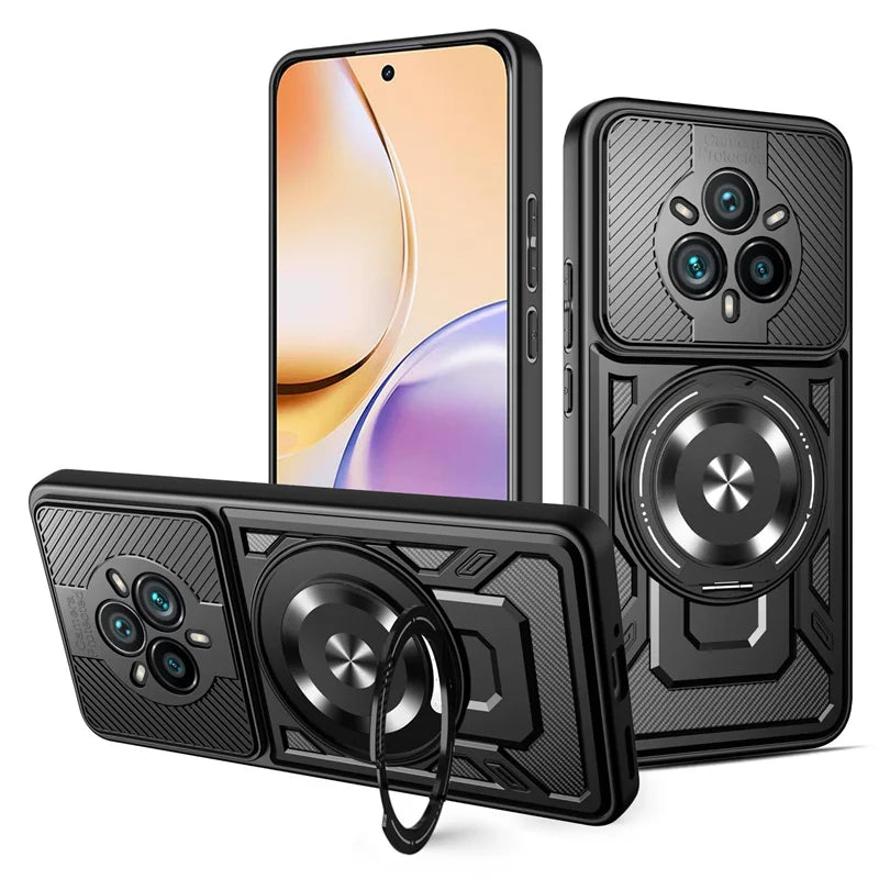 Black rugged phone case with a camera protector and a rotating kickstand ring.