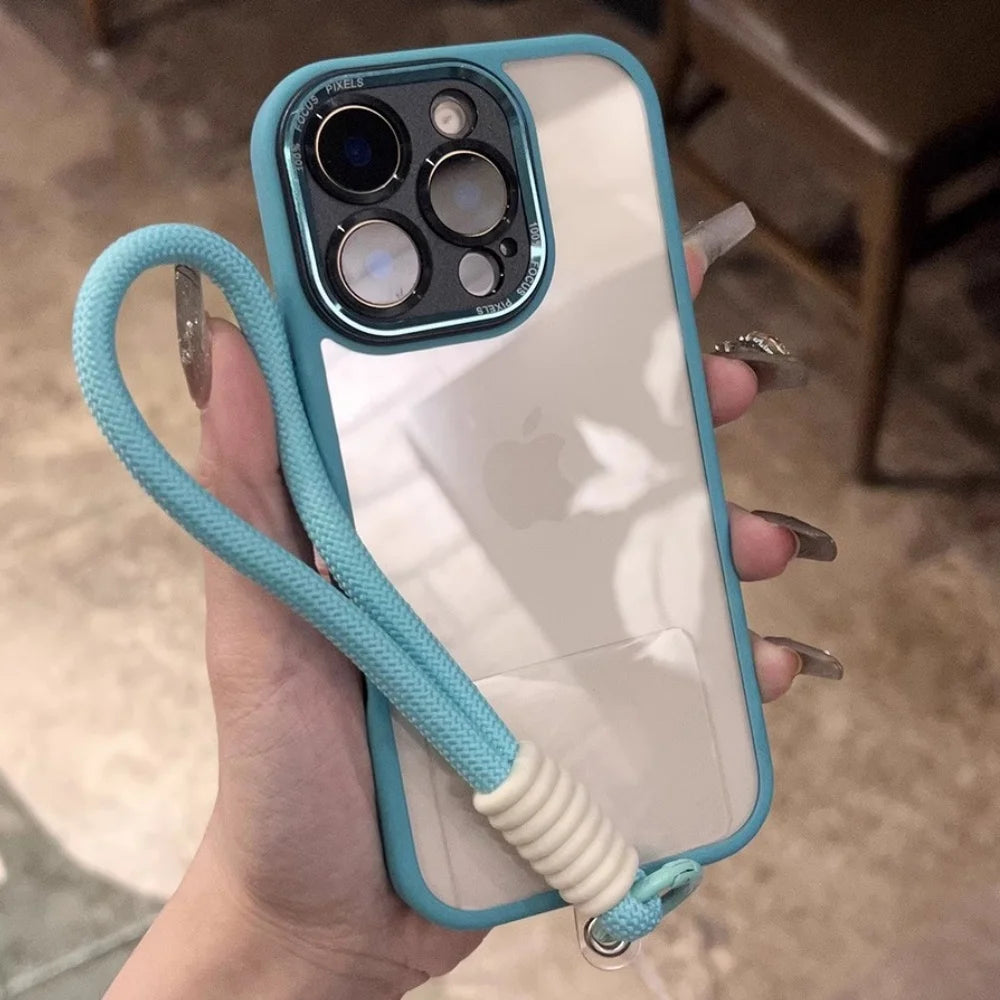A clear phone case with a sky-blue border and matching wrist strap.