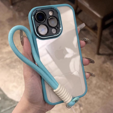 A clear phone case with a sky-blue border and matching wrist strap.