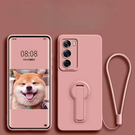 Pink smartphone and matching phone case with a kickstand and wrist strap.