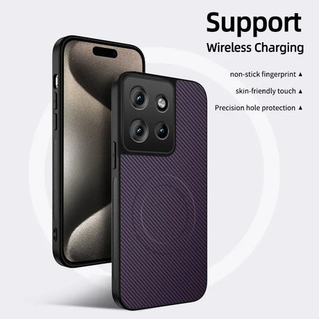 Smartphone with a protective case featuring wireless charging support.