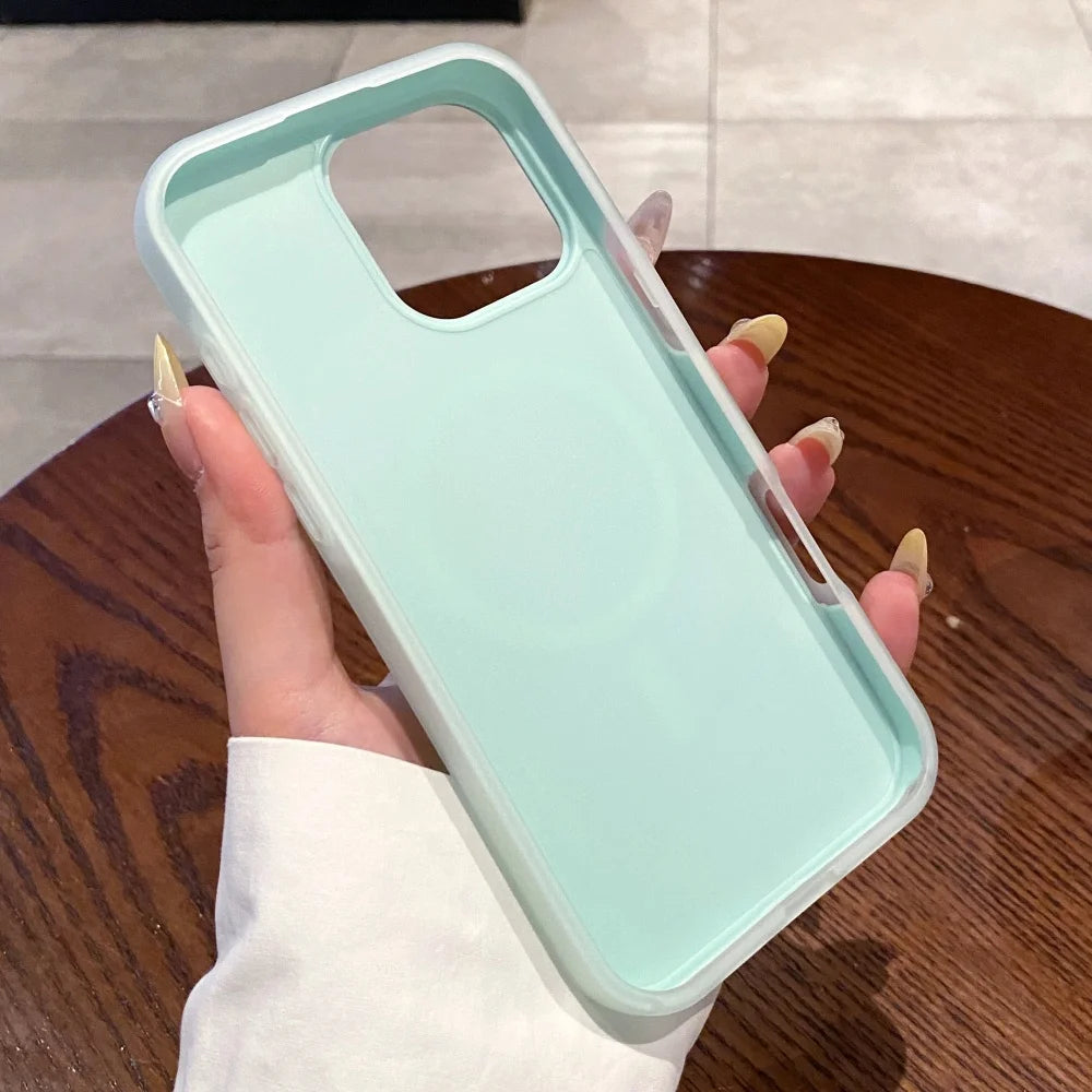 Mint green silicone phone case with a raised camera cutout.