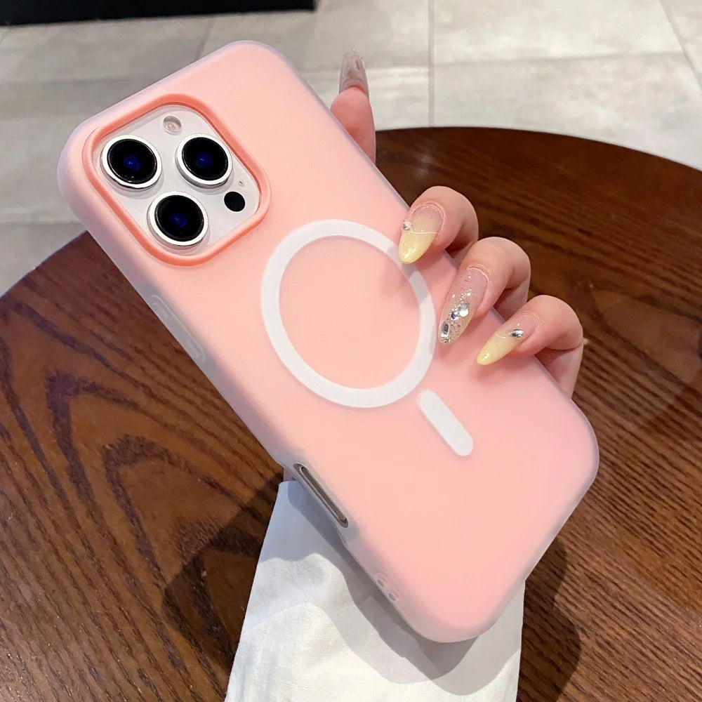 Pink smartphone case with a white MagSafe ring.