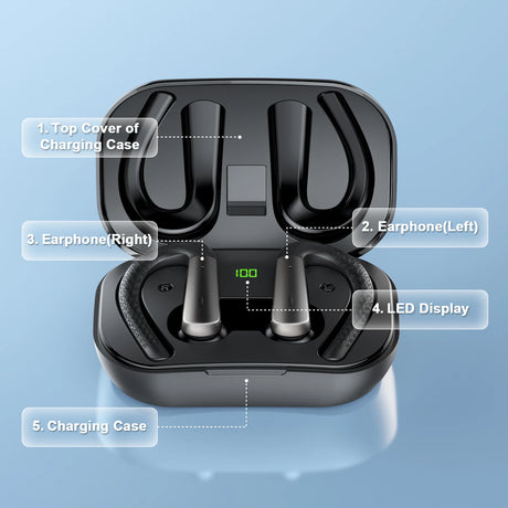 Black wireless earbuds in charging case.
