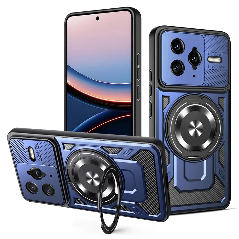 Blue rugged phone case with a camera cover and a kickstand ring.