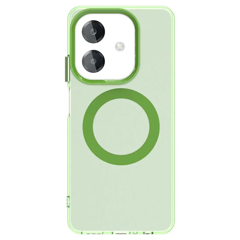Translucent green phone case with a magnetic ring and camera cutouts.