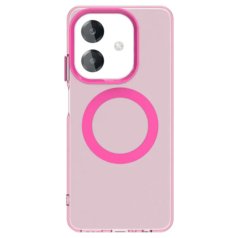 Transparent pink phone case with a camera cutout and magnetic ring.