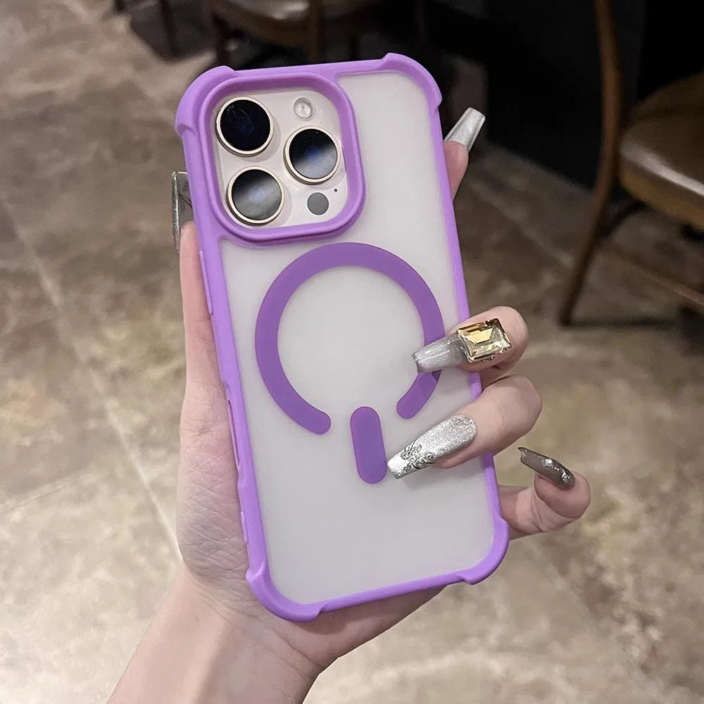 Purple-edged clear iPhone case with a purple MagSafe ring.