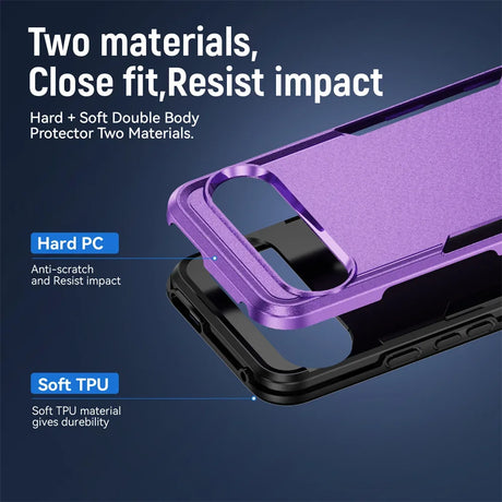 A two-piece, dual-material protective phone case with hard PC and soft TPU layers.