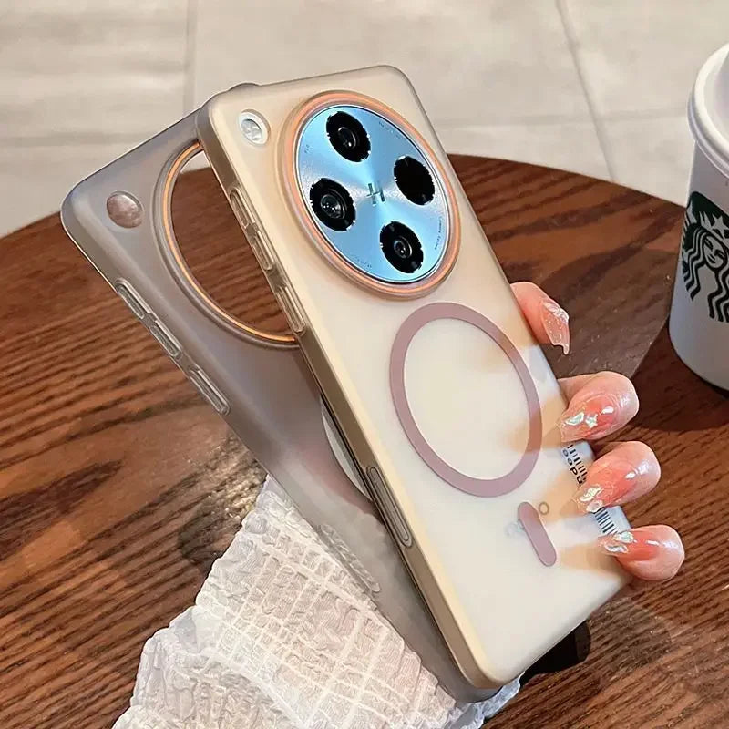 A translucent phone case with a large circular camera cutout, a magnetic charging ring, and a ring holder.