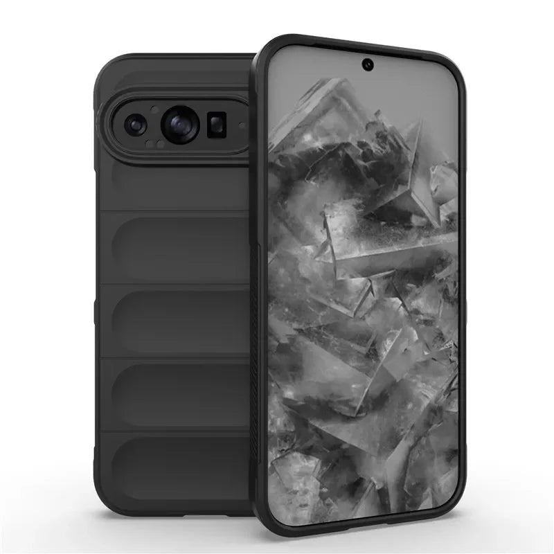 A black smartphone with a textured protective case.