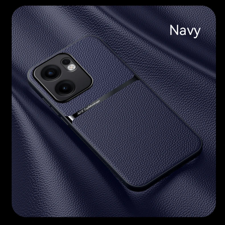 Navy blue leather phone case with a camera cutout.
