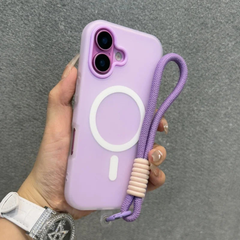 A lavender phone case with a Magsafe ring and a matching wrist strap.
