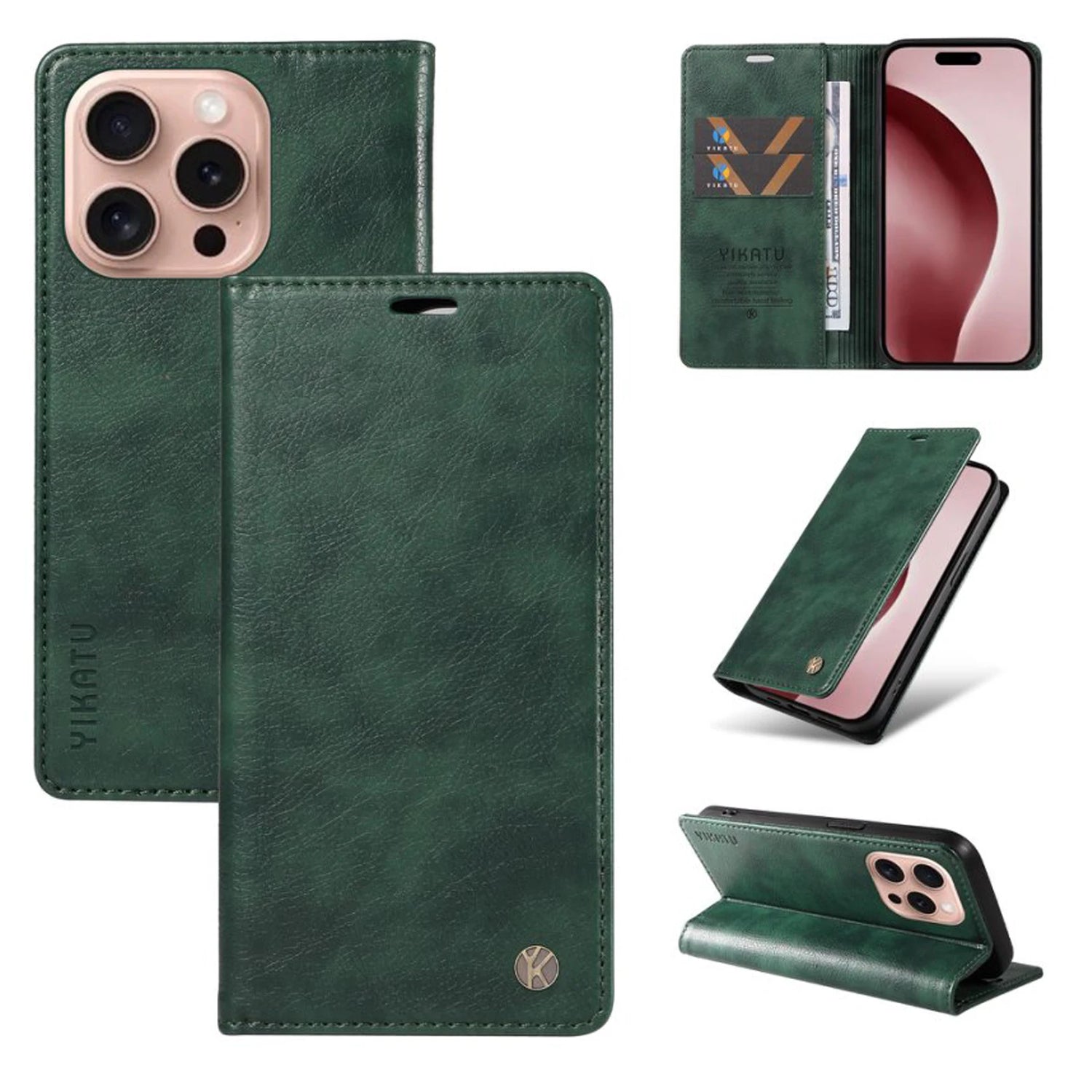 Dark green leather-look wallet phone case for an iPhone.