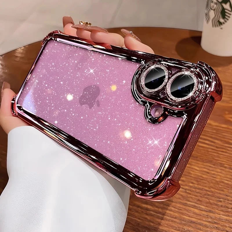 Pink glitter phone case with chrome edges and camera lens protectors.