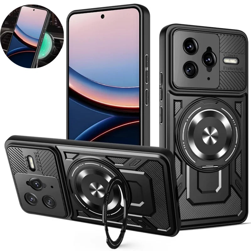 Black protective smartphone case with a sliding camera cover and a magnetic ring holder.