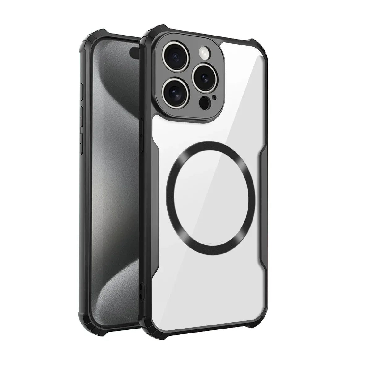 Clear and black iPhone case with MagSafe compatibility.