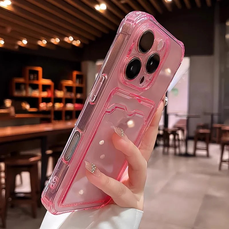 Pink transparent iPhone case with a card slot.