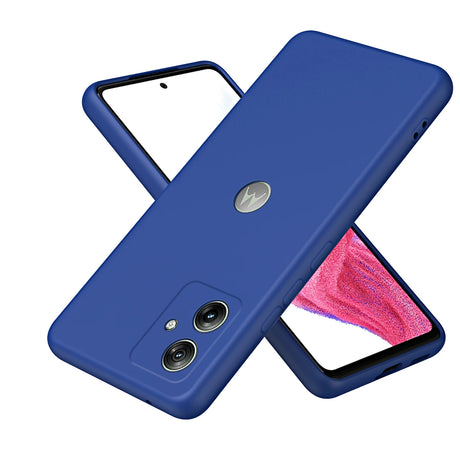 A blue phone case designed for a smartphone with a Motorola logo cutout and precise camera and port openings.