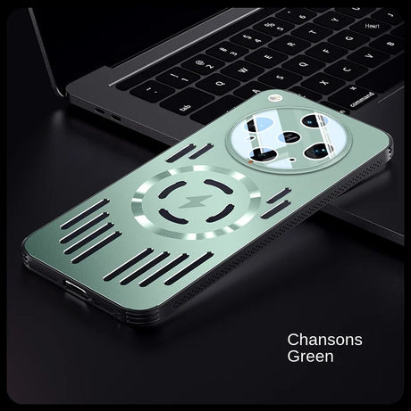 Mint green phone case with a transparent camera ring, a circular magnetic charging area, and slotted details.