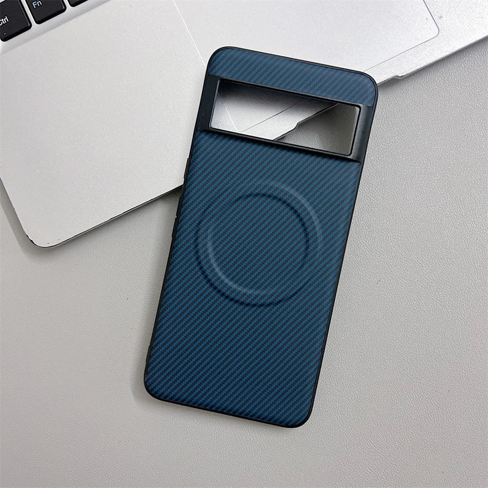 Dark blue smartphone case with a carbon fiber texture and a circular magnetic ring on the back.