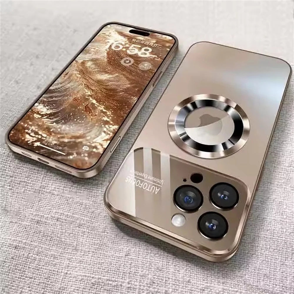 Two gold-colored smartphones, one with a transparent case and one with a solid case featuring a magnetic ring and triple camera system.
