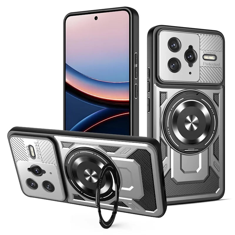 Three rugged phone cases with a kickstand and sliding camera cover.
