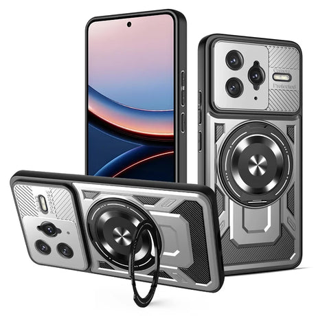 Three rugged phone cases with a kickstand and sliding camera cover.