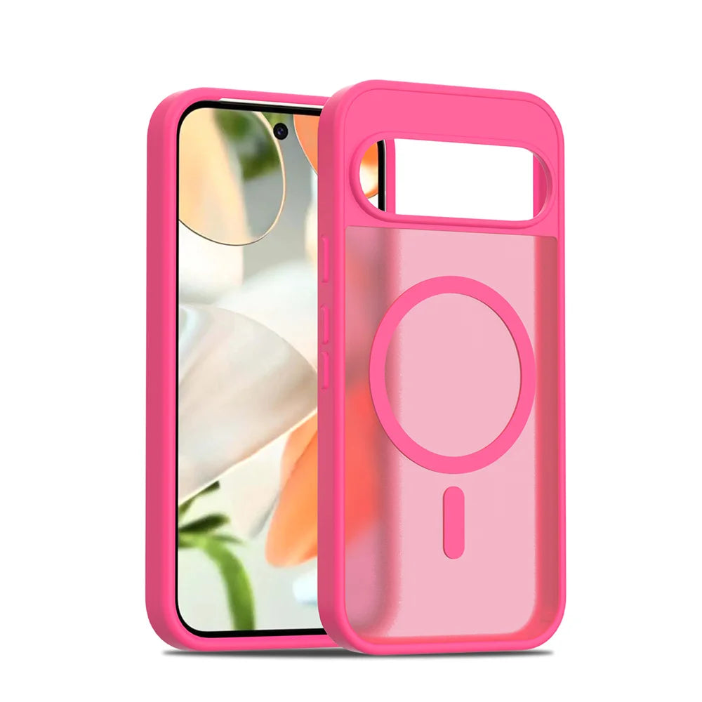A hot pink, clear-backed smartphone case with a circular magnetic charging ring.