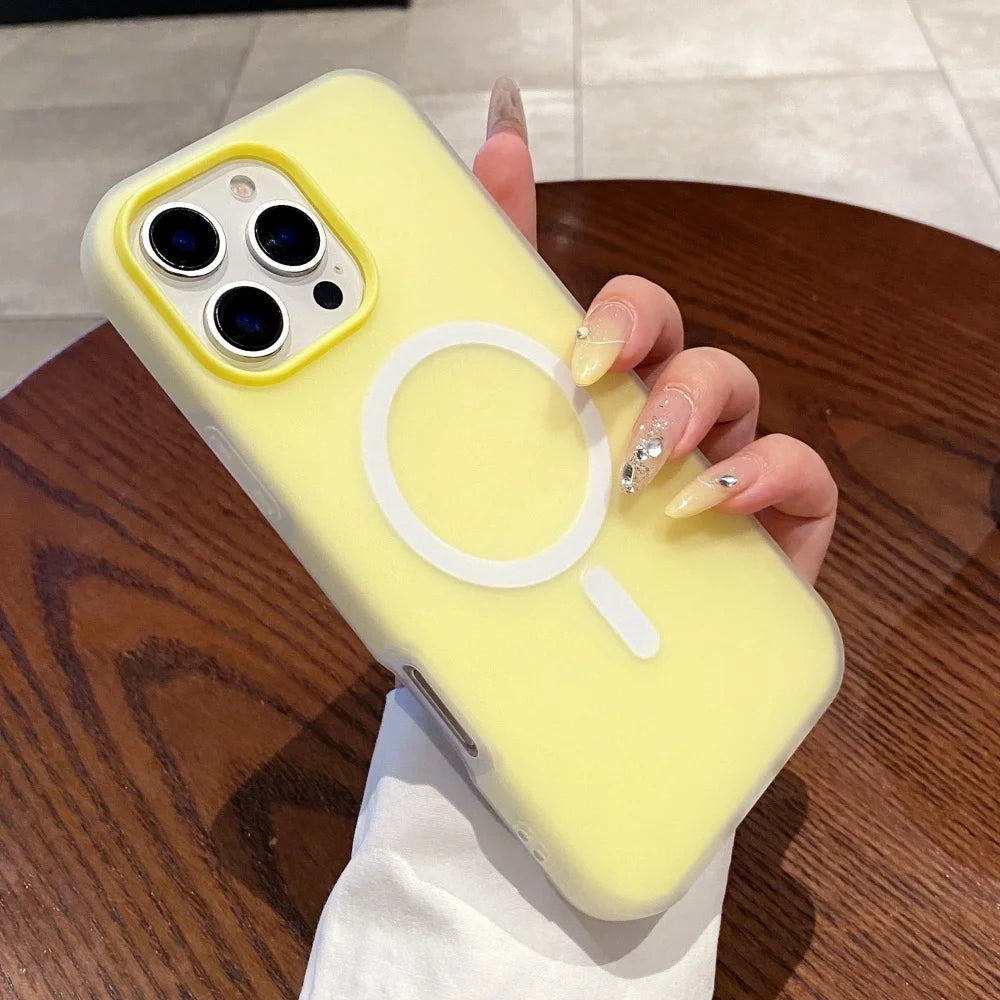 Yellow silicone iPhone case with a Magsafe ring and a triple camera cutout.