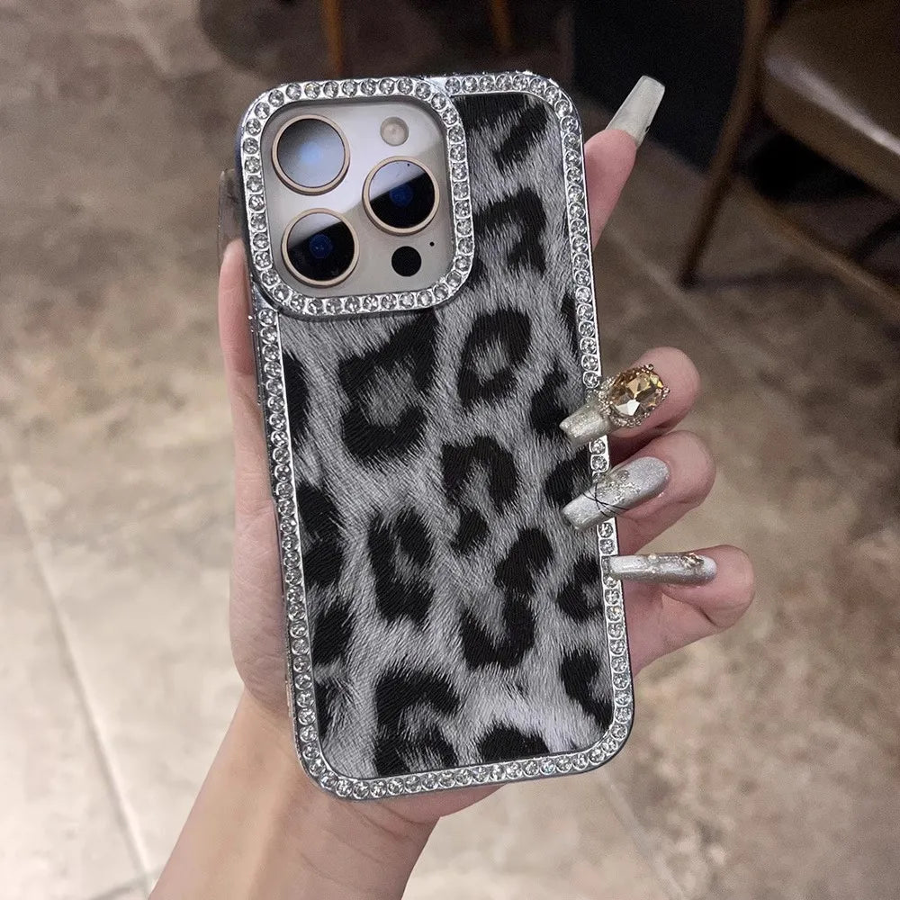Leopard print phone case with rhinestone trim