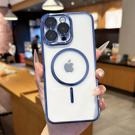 Clear phone case with a blue metallic frame and a circular magnetic charging ring.